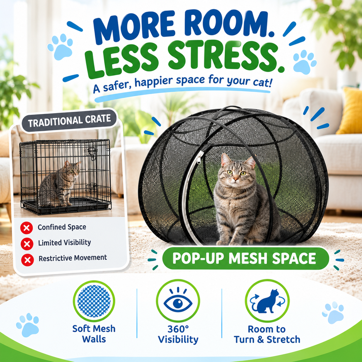🐱 Pawfect Elite™ Pop-Up Cat Playpen – Foldable Portable Mesh Cat Tent 🐾