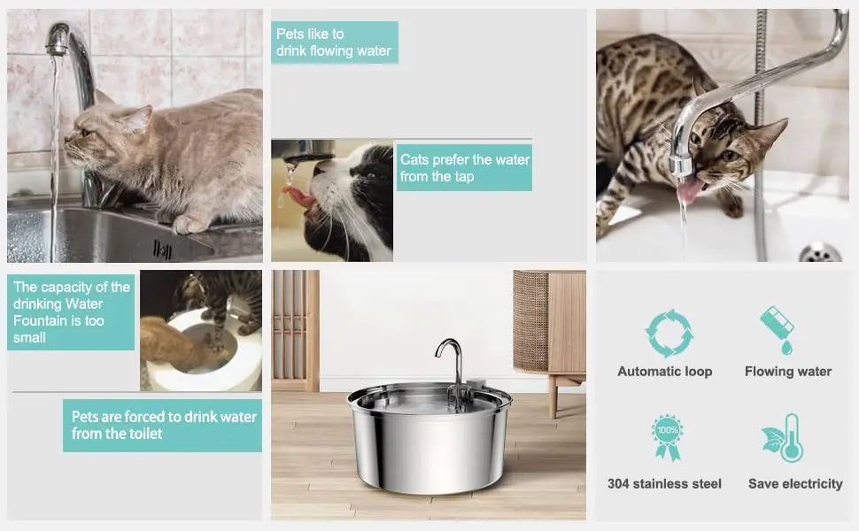 Automatic Cat Water Fountain Stainless Steel Pet Fountain Dog Water Dispenser With USB Electric Ultra-Quiet Pump Cat Supplies