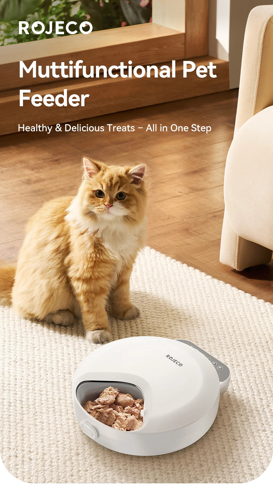 ROJECO Automatic Pet Feeder 4 Meals For Wet Dry Food Feeding Wireless Smart Kibble Dispenser Cat Dog Multifunctional Cat Feeder