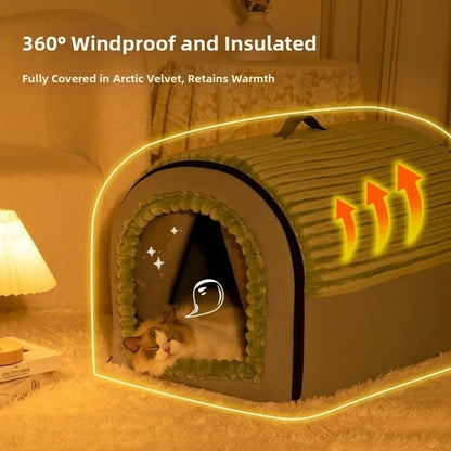 Winter Enclosed Pet House Detachable Soft Dog Bed & Cat Bed Anti-Slip Bottom with Door Curtain Warm Tent For Small Animals