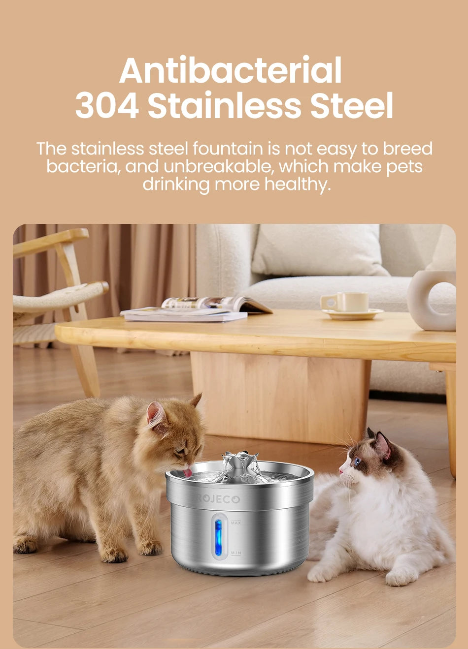 ROJECO Stainless Steel Pet Drinking Fountain Automatic Cat Water Fountain Smart Pet Water Dispenser for Dog Cat Drinking Supply