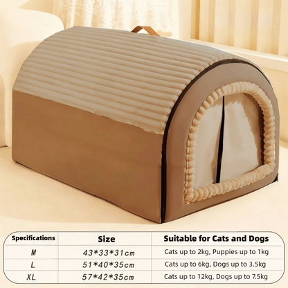 Winter Enclosed Pet House Detachable Soft Dog Bed & Cat Bed Anti-Slip Bottom with Door Curtain Warm Tent For Small Animals
