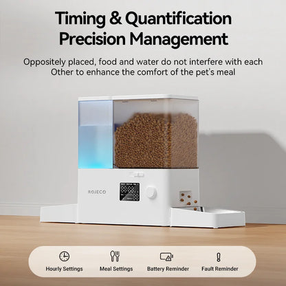 ROJECO 2In1 Automatic Pet Feeder Gravity Water Fountain 8.5L Button Version Auto Cat Kibble Dispenser with Water Refill Drinker