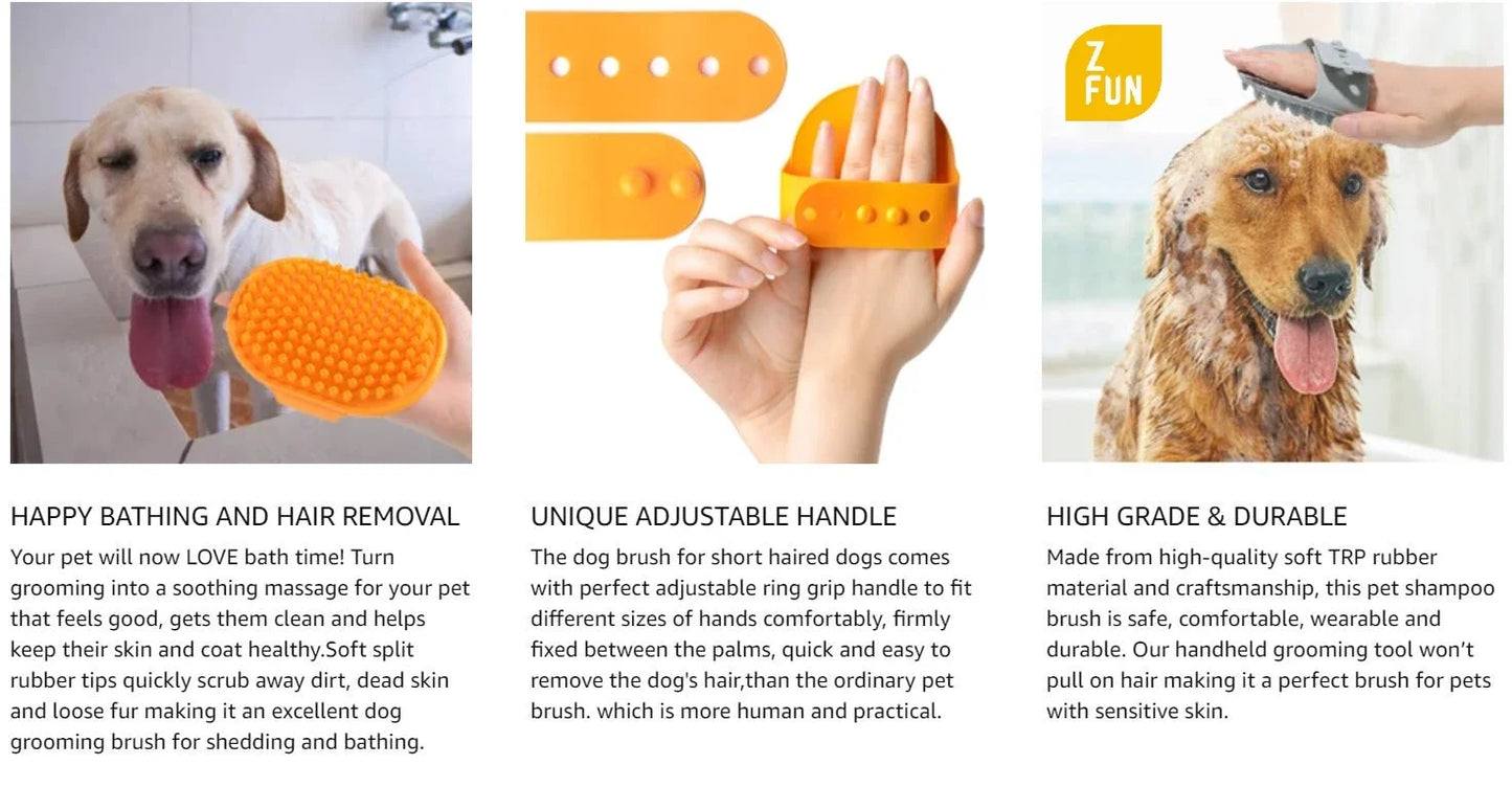 Dog Bath Brush,Dog Grooming Shedding Soothing Massage Rubber Bristles Curry Comb with Adjustable Ring Handle for Pet Dogs& Cats