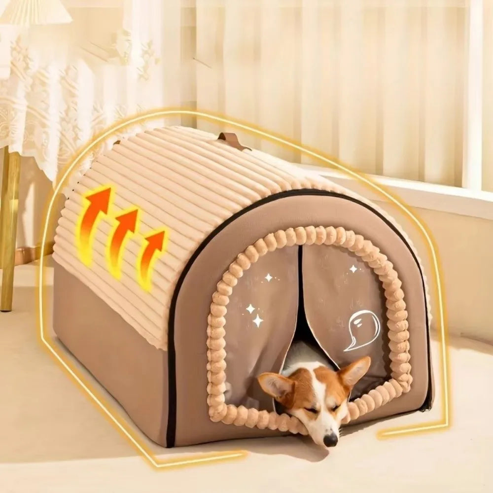 Winter Enclosed Pet House Detachable Soft Dog Bed & Cat Bed Anti-Slip Bottom with Door Curtain Warm Tent For Small Animals