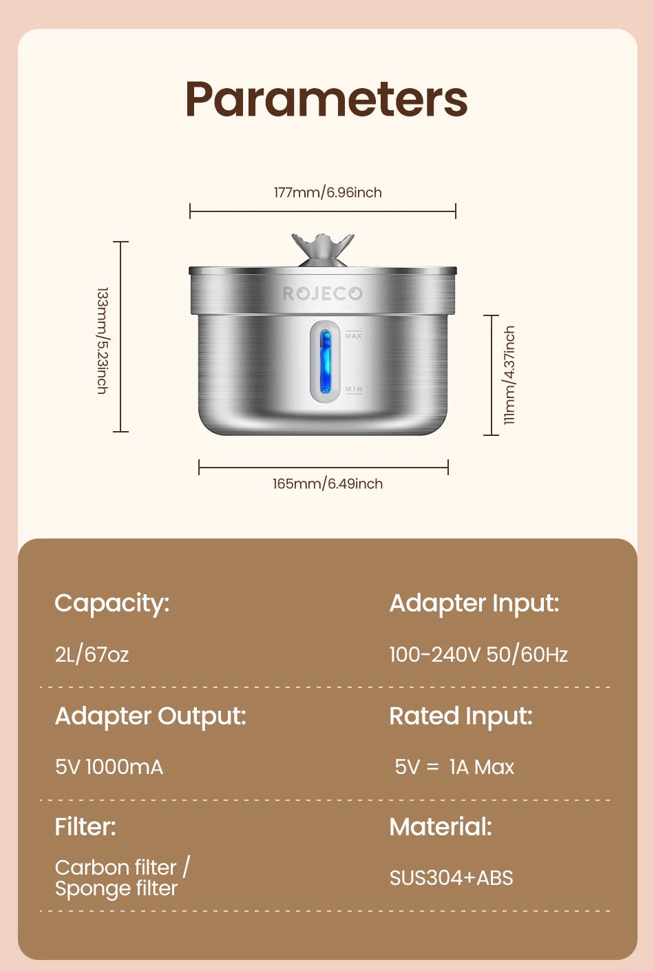 ROJECO Stainless Steel Pet Drinking Fountain Automatic Cat Water Fountain Smart Pet Water Dispenser for Dog Cat Drinking Supply