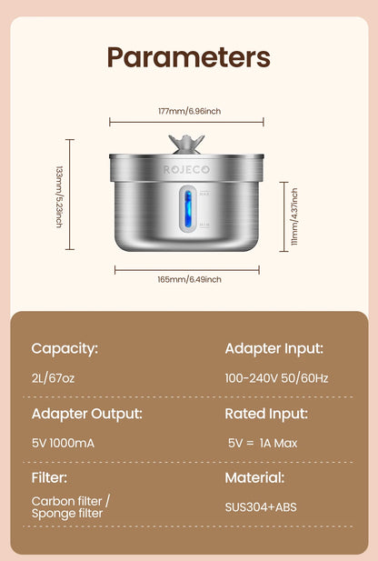 ROJECO Stainless Steel Pet Drinking Fountain Automatic Cat Water Fountain Smart Pet Water Dispenser for Dog Cat Drinking Supply