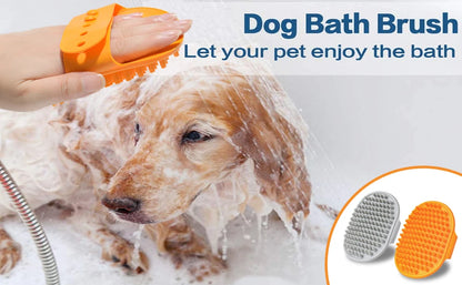 Dog Bath Brush,Dog Grooming Shedding Soothing Massage Rubber Bristles Curry Comb with Adjustable Ring Handle for Pet Dogs& Cats