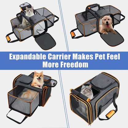 Large Reversible Expandable Cat and Dog Carrier - with fleece pad and pockets for cats/dogs up to 24 lbs Travel Pet Carrier