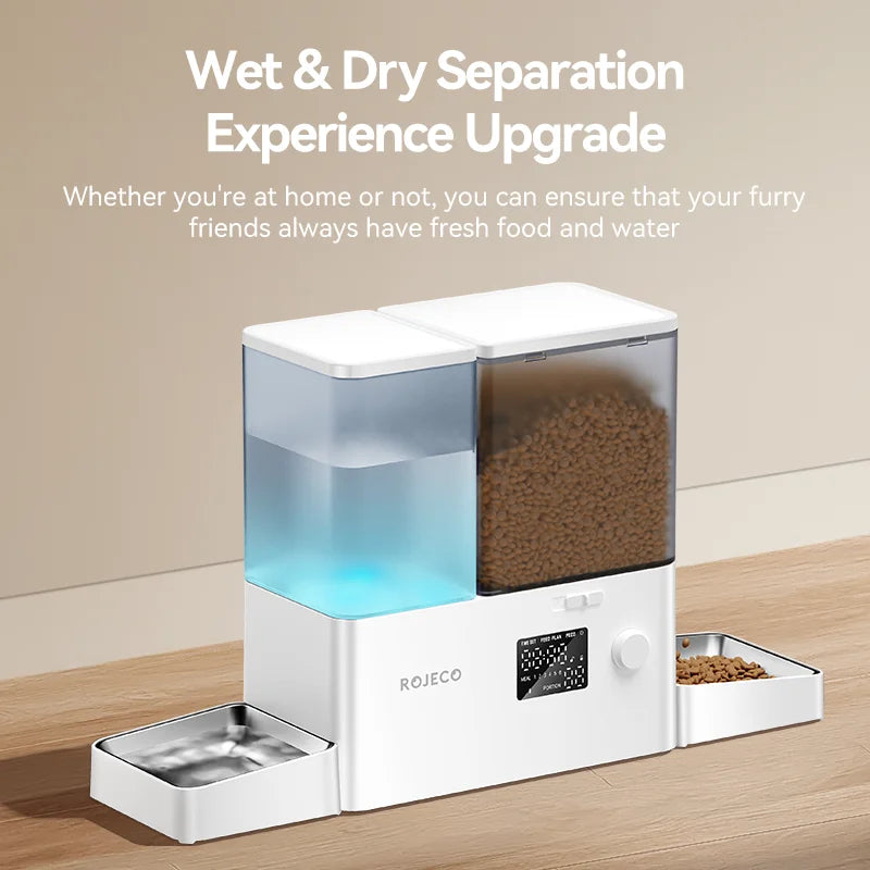 ROJECO 2In1 Automatic Pet Feeder Gravity Water Fountain 8.5L Button Version Auto Cat Kibble Dispenser with Water Refill Drinker