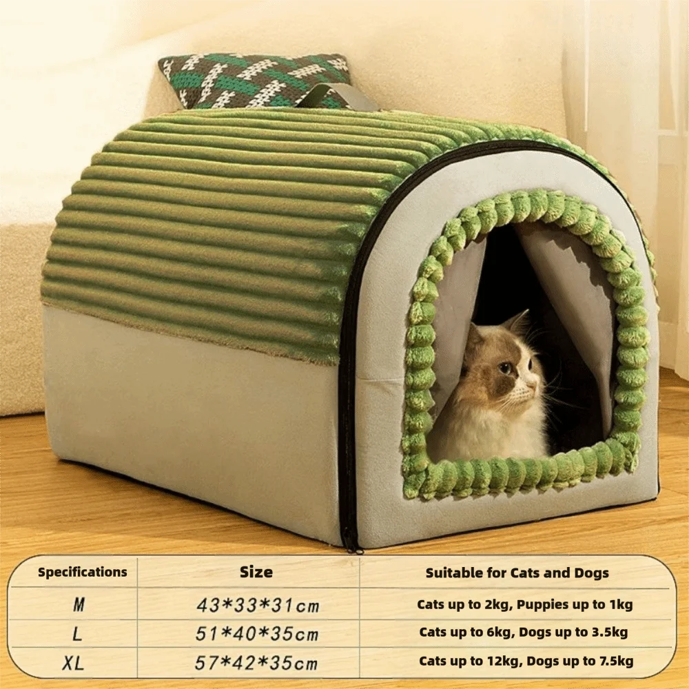 Winter Enclosed Pet House Detachable Soft Dog Bed & Cat Bed Anti-Slip Bottom with Door Curtain Warm Tent For Small Animals
