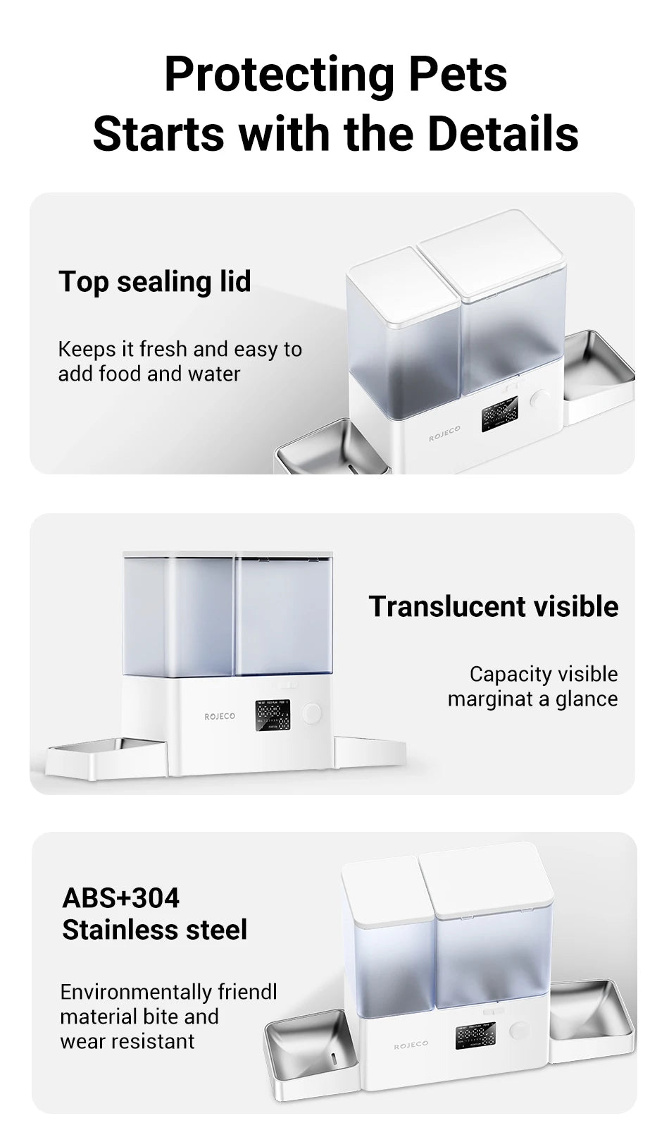 ROJECO 2In1 Automatic Pet Feeder Gravity Water Fountain 8.5L Button Version Auto Cat Kibble Dispenser with Water Refill Drinker