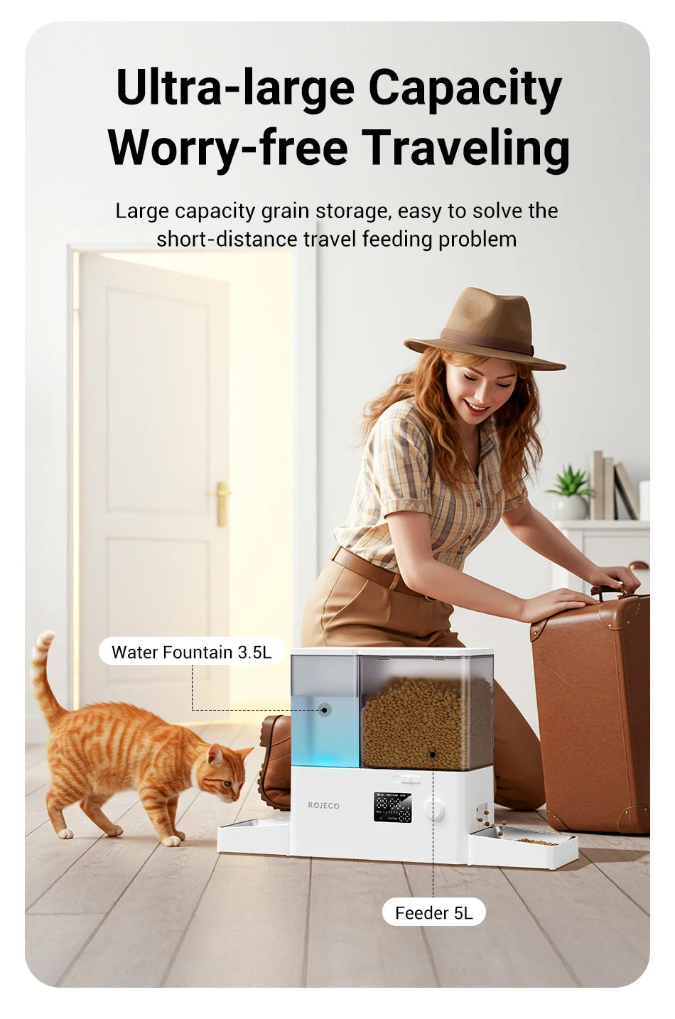 ROJECO 2In1 Automatic Pet Feeder Gravity Water Fountain 8.5L Button Version Auto Cat Kibble Dispenser with Water Refill Drinker