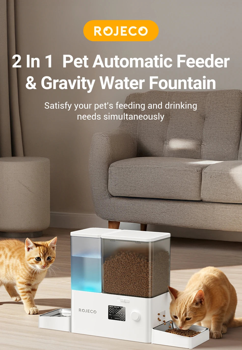ROJECO 2In1 Automatic Pet Feeder Gravity Water Fountain 8.5L Button Version Auto Cat Kibble Dispenser with Water Refill Drinker