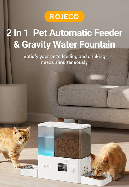 ROJECO 2In1 Automatic Pet Feeder Gravity Water Fountain 8.5L Button Version Auto Cat Kibble Dispenser with Water Refill Drinker