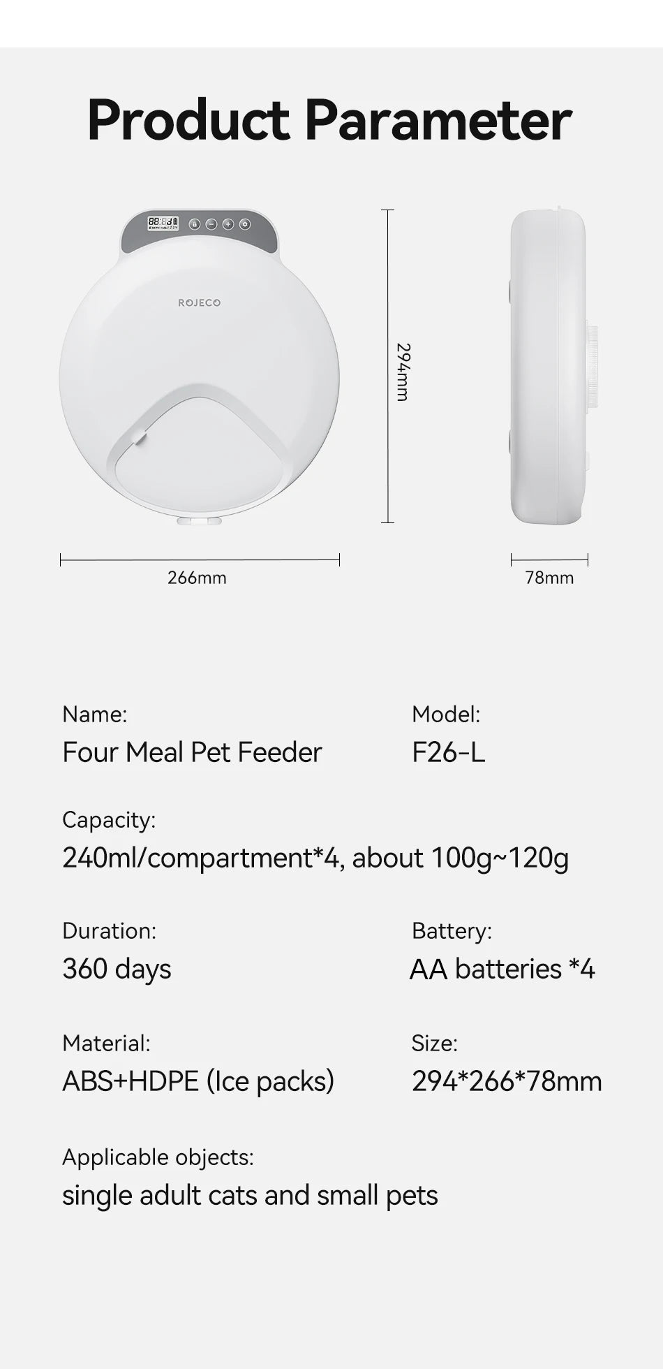 ROJECO Automatic Pet Feeder 4 Meals For Wet Dry Food Feeding Wireless Smart Kibble Dispenser Cat Dog Multifunctional Cat Feeder