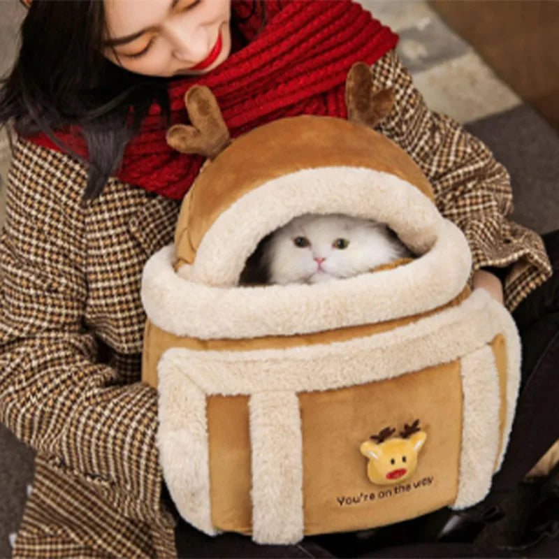 Winter Cat Backpack Pet Carrier Warm Soft Sherpa Travel Bubble Bag Leash Hole For Small Cats Warme Schräg Cross Haustier Tasche
