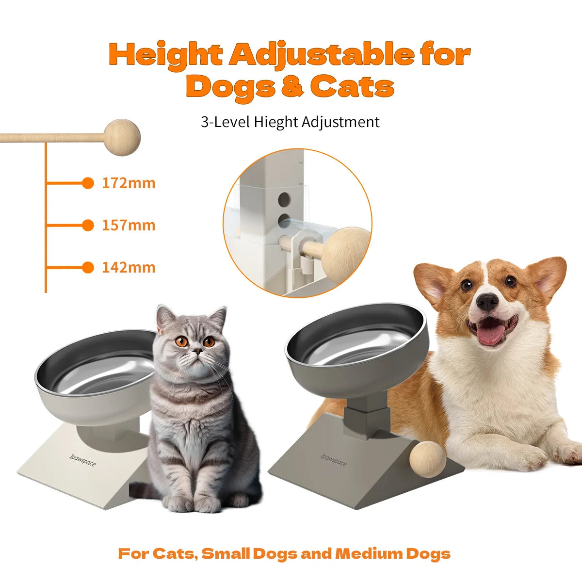 Elevated Dog Bowls for Small Medium Dogs and cats, 3 Height Adjustable Raised Stand with 304 Stainless Steel Food Bowls