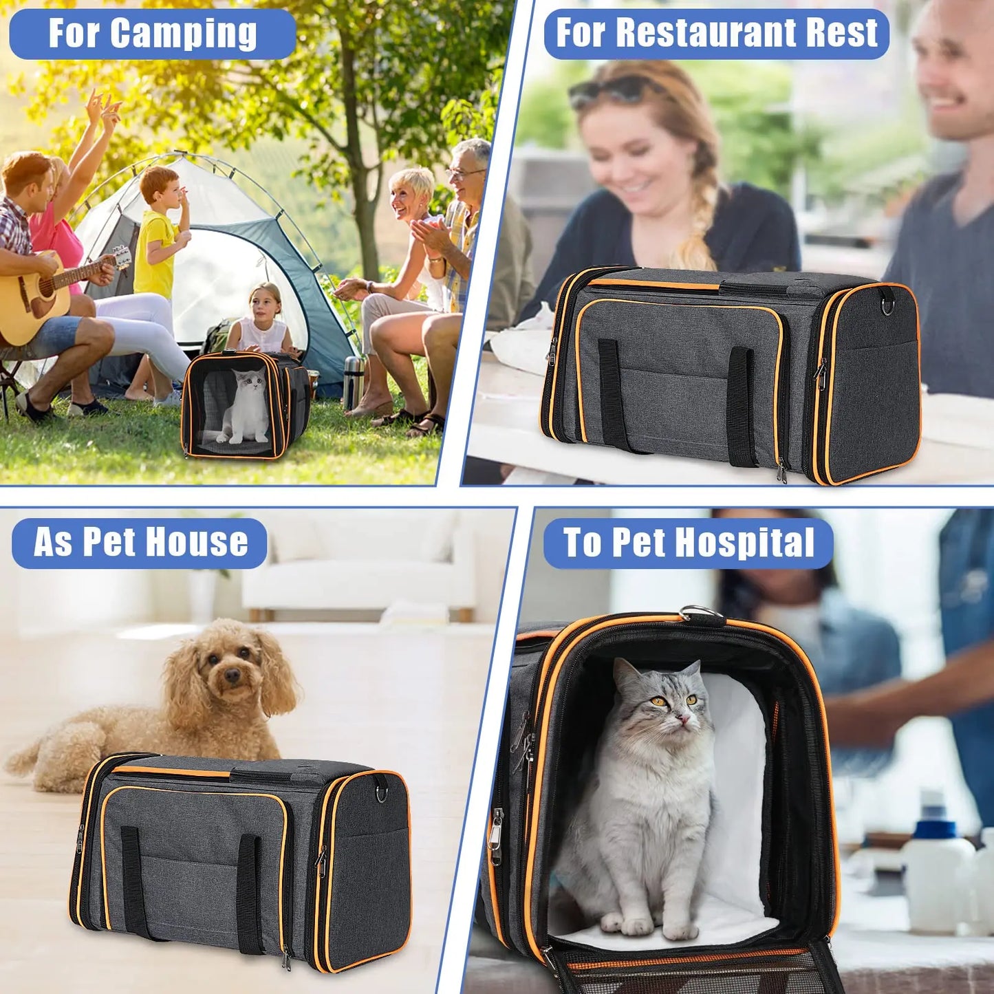 Large Reversible Expandable Cat and Dog Carrier - with fleece pad and pockets for cats/dogs up to 24 lbs Travel Pet Carrier