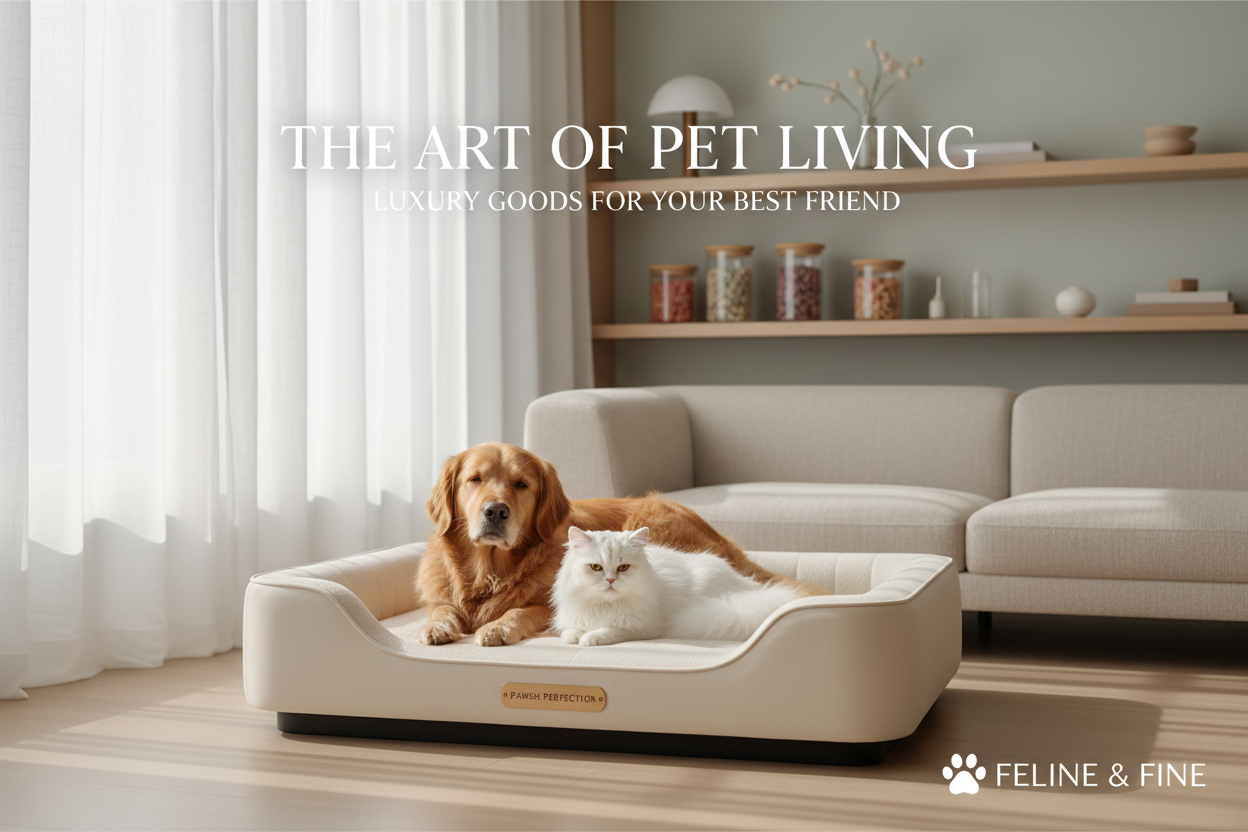 A high-end luxury pet lifestyle banner for a premium Shopify pet store.
A happy golden retriever and an elegant fluffy white cat sitting calmly together on a soft cream orthopedic pet bed.
Modern Scandinavian / Japandi style living room interior with soft beige, warm cream, and neutral pastel tones.
Natural daylight coming through sheer white curtains, creating a bright, airy, peaceful atmosphere.
Minimal wooden shelves with glass jars of organic pet treats, clean modern sofa in the background.
Premium pet 